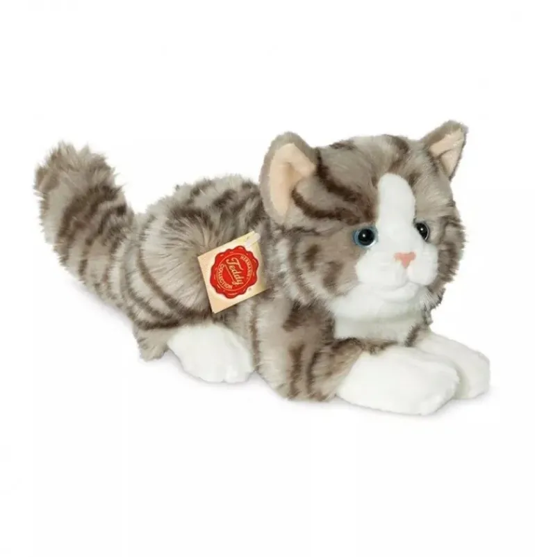 Peluche chat gris couché - 20 cm