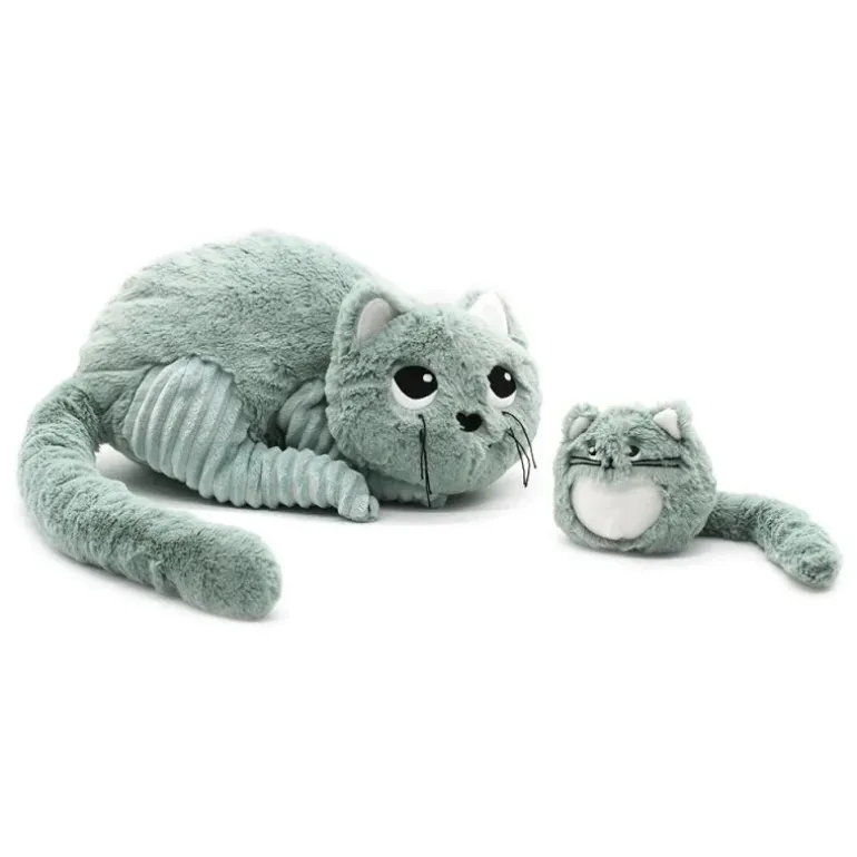 Peluche chat Miaou maman et son bébé vert menthe