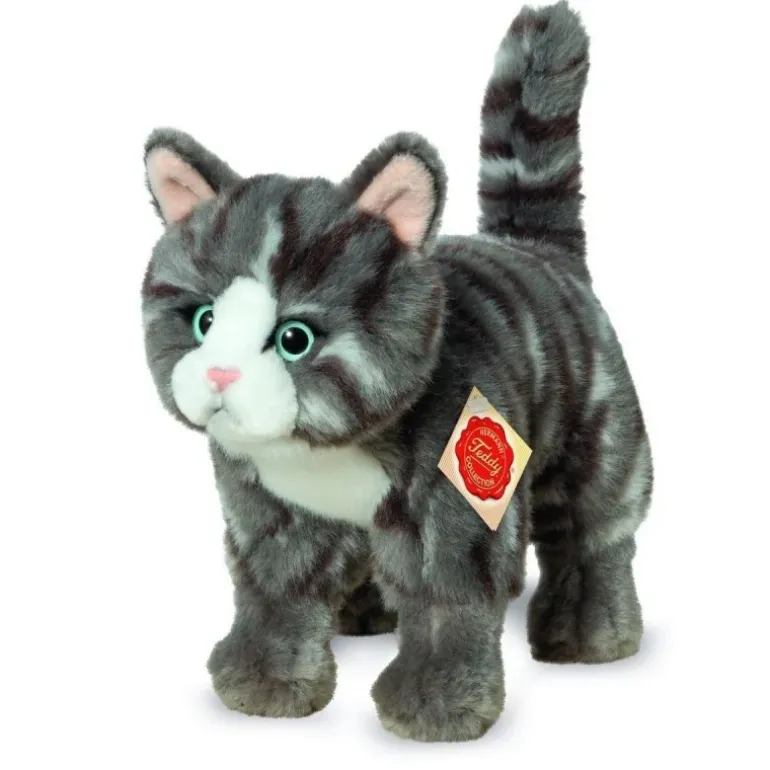 Peluche chat tigré gris debout - 20 cm