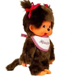 Peluche Kiki Monchhichi Fille au bavoir rose et blanc - 20 cm