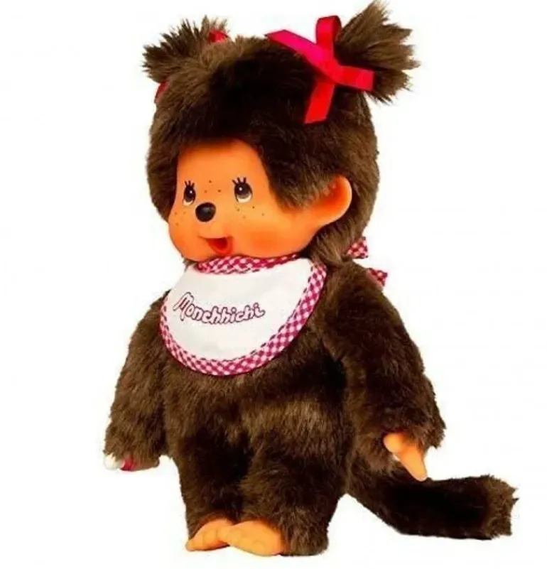 Peluche Kiki Monchhichi Fille au bavoir rose et blanc - 20 cm