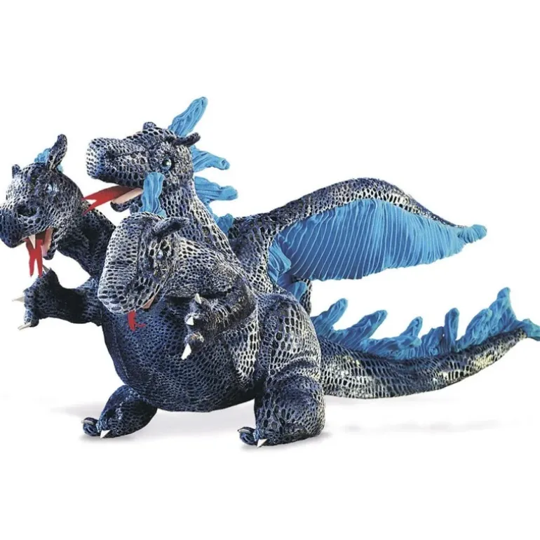Peluche marionnette Dragon bleu à trois têtes