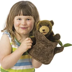 Peluche marionnette Ours dans un tronc d'arbre