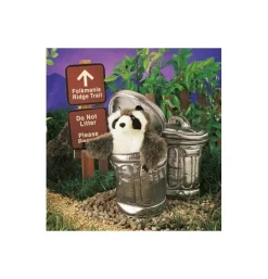 Peluche marionnette raton laveur dans une poubelle