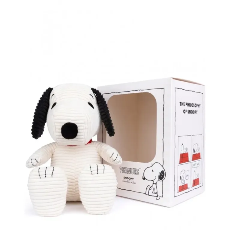 Peluche Snoopy assis en velours côtelé crème dans boîte cadeau - 27 cm