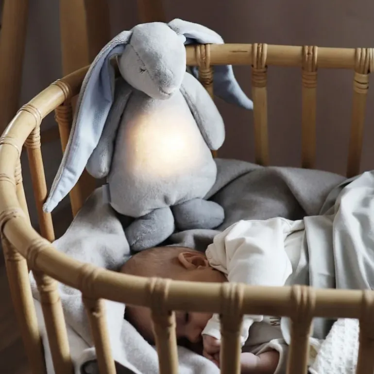 Peluche veilleuse Lapin magique Moonie gris/bleu avec son & lumière